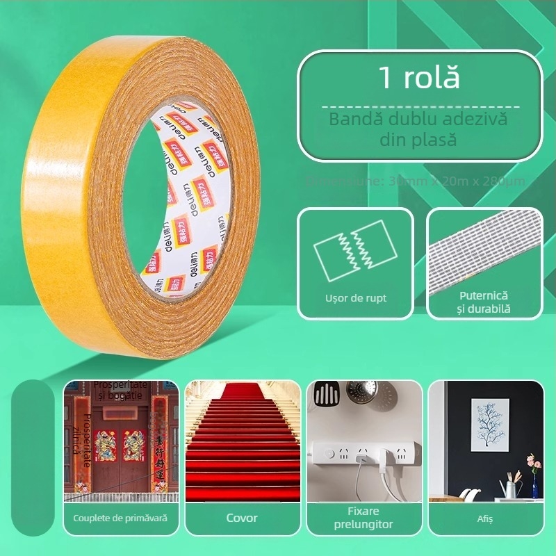 Deli bandă dublu adezivă pe bază de pânză, vâscozitate mare, fără urme, aderență invizibilă, prindere puternică, model 30802, lungime 20 m, lățime 30 mm, grosime 280 μm