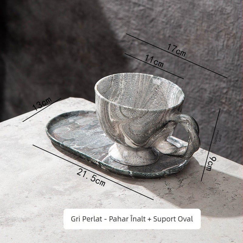 Set de cafea cu farfurioară, model marmură, capacitate mare, mâner torsionat, ceașcă pentru latte art