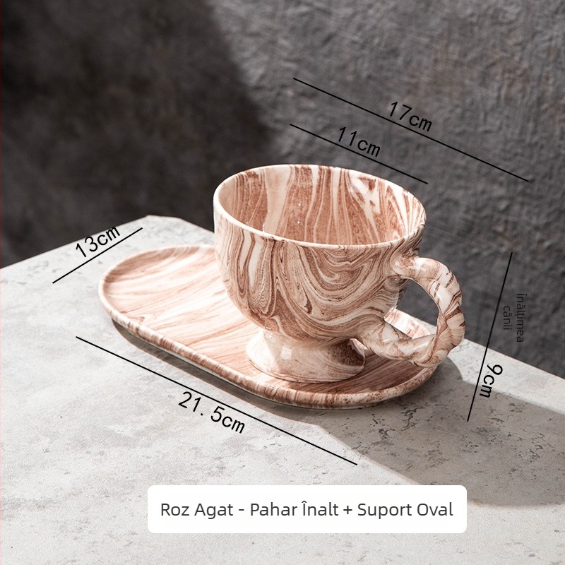 Set de cafea cu farfurioară, model marmură, capacitate mare, mâner torsionat, ceașcă pentru latte art