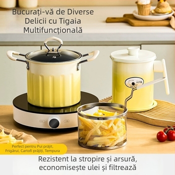 Fritieră casnică compactă pentru tempura și frigărui, cu mâner anti-arzire și strecurător din oțel inoxidabil 304, multifuncțională