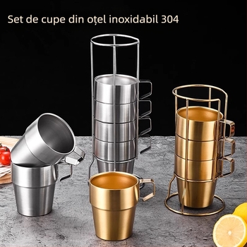 Set de pahare din oțel inoxidabil 304 cu pereți dubli pentru camping în aer liber, cu mâner — cană de cafea, cană izolată și cană de bere, 4 sau 6 piese