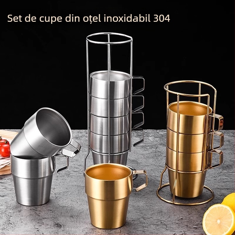 Set de pahare din oțel inoxidabil 304 cu pereți dubli pentru camping în aer liber, cu mâner — cană de cafea, cană izolată și cană de bere, 4 sau 6 piese