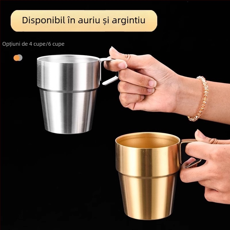 Set de pahare din oțel inoxidabil 304 cu pereți dubli pentru camping în aer liber, cu mâner — cană de cafea, cană izolată și cană de bere, 4 sau 6 piese