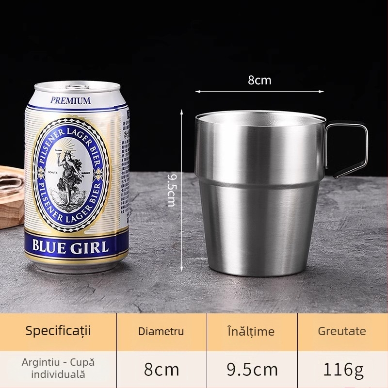 Set de pahare din oțel inoxidabil 304 cu pereți dubli pentru camping în aer liber, cu mâner — cană de cafea, cană izolată și cană de bere, 4 sau 6 piese