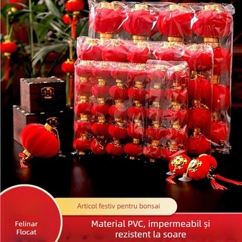 Felinar roșu, cu suprafață velurată, în formă de sferă – ornament suspendat mini bonsai pentru Anul Nou și Festivalul Primăverii