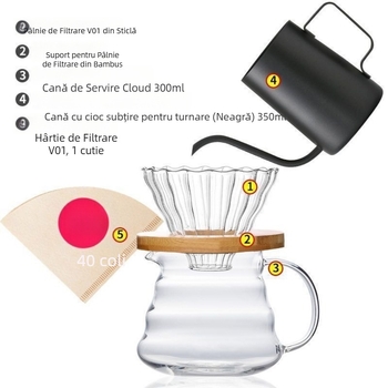 Set de cafea cu vas din sticlă borosilicat rezistent la temperaturi și filtru V60 din sticlă