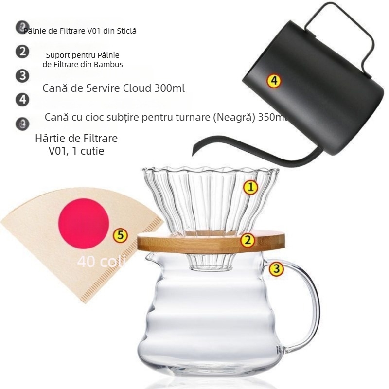 Set de cafea cu vas din sticlă borosilicat rezistent la temperaturi și filtru V60 din sticlă