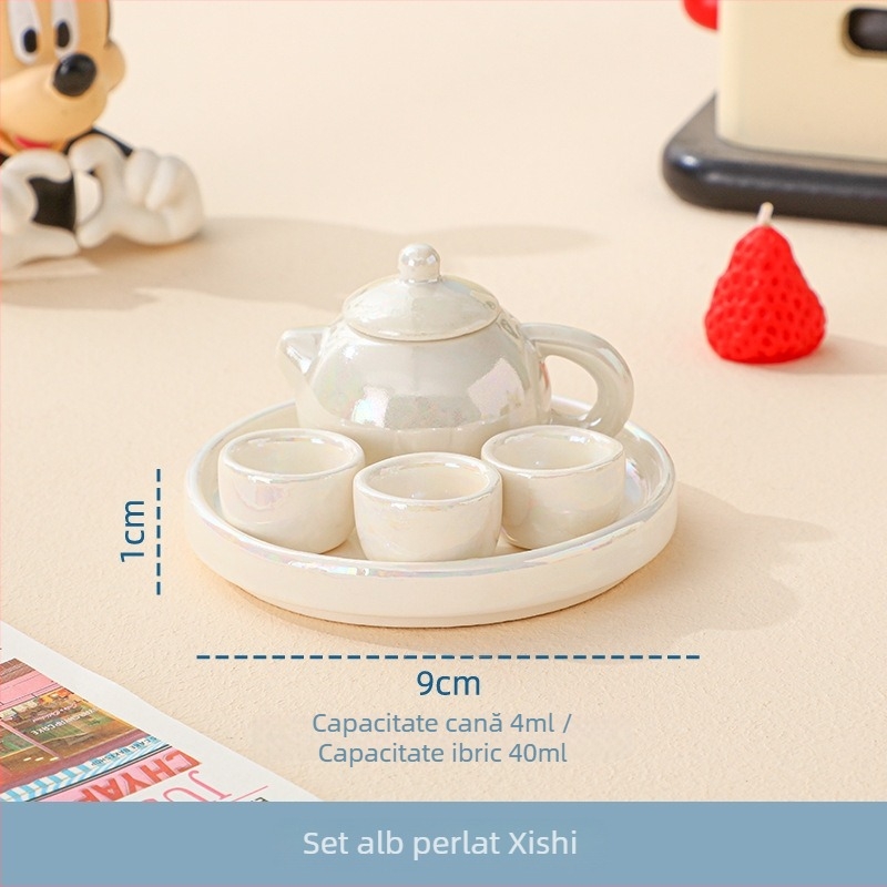 Set mic de ceai pentru copii din ceramică, alb perlă, ceainic mic – jucărie realistă, cadou în cutie