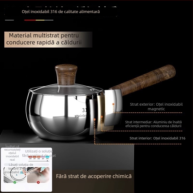 Oală pentru hrănire a bebelușilor din oțel inoxidabil 316, fără strat, compatibilă cu inducția, bază din trei straturi, capac de sticlă