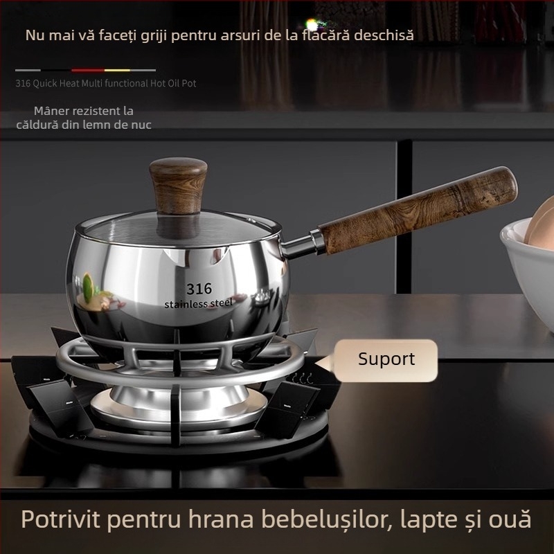 Oală pentru hrănire a bebelușilor din oțel inoxidabil 316, fără strat, compatibilă cu inducția, bază din trei straturi, capac de sticlă