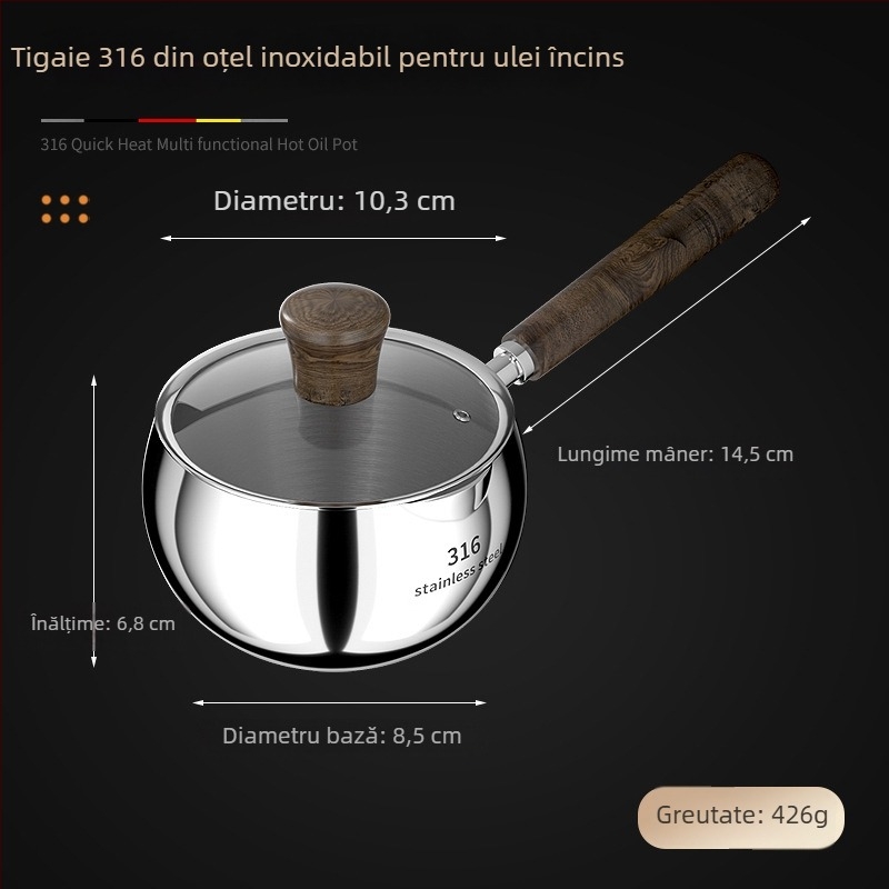 Oală pentru hrănire a bebelușilor din oțel inoxidabil 316, fără strat, compatibilă cu inducția, bază din trei straturi, capac de sticlă