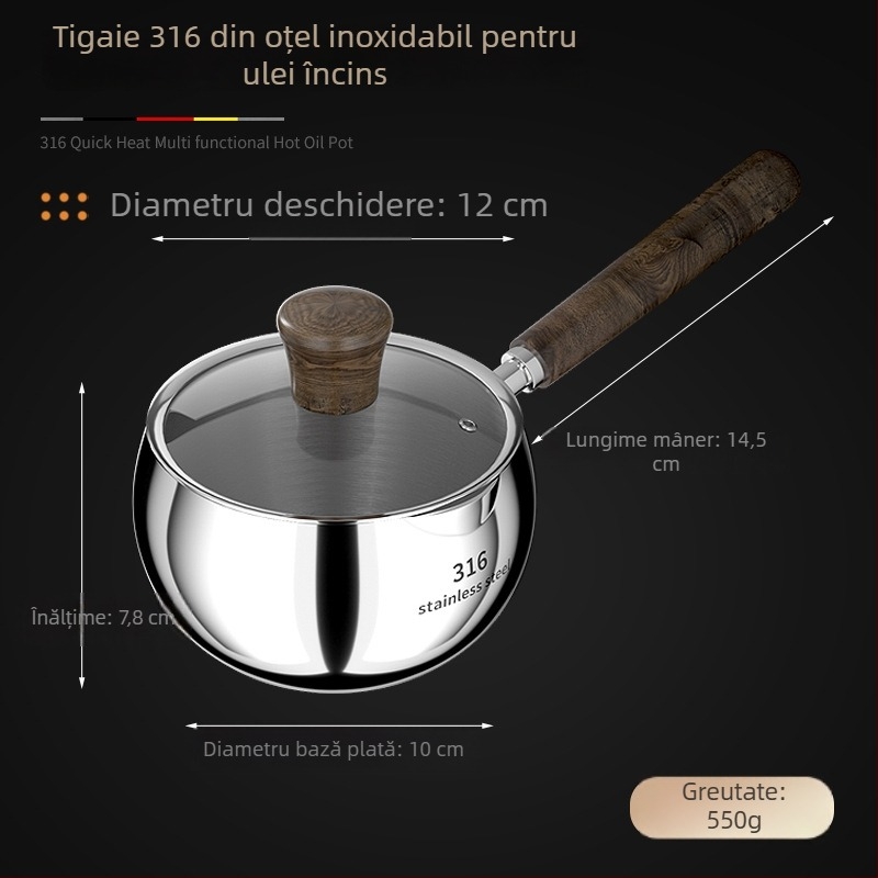 Oală pentru hrănire a bebelușilor din oțel inoxidabil 316, fără strat, compatibilă cu inducția, bază din trei straturi, capac de sticlă