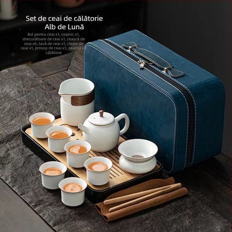 Set de ceai de călătorie în stil Ru Kiln, ceainic Kung Fu ceramic, cești și tavă pentru ceai