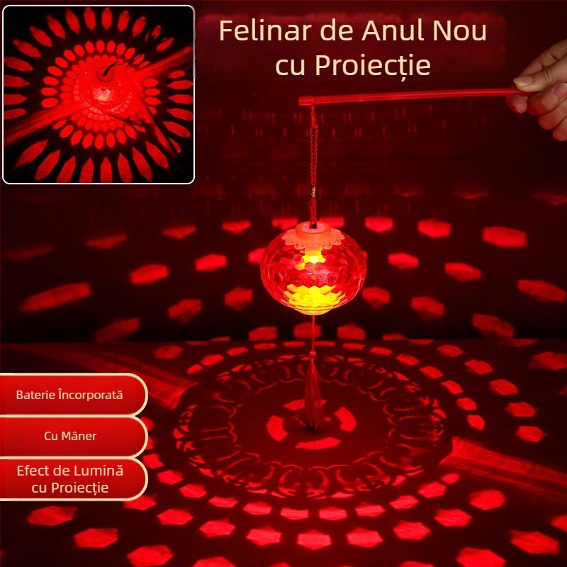 Fanar LED roșu pentru copii, cu proiecție de cristal – lanternă de mână luminoasă pentru Festivalul Primăverii