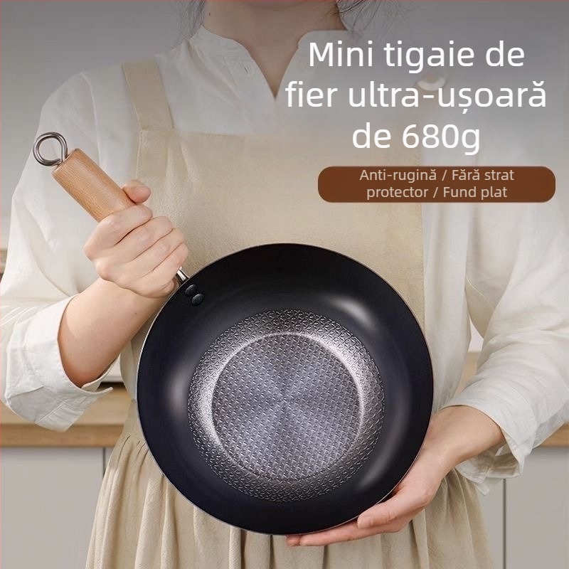 Wok japonez cu mâner unic, fund plat, pentru o singură persoană, din fier forjat, fără strat, pentru gătit acasă – prăjit, fiert, înăbușit, sotat