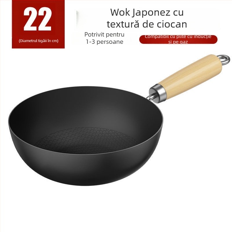 Wok japonez cu mâner unic, fund plat, pentru o singură persoană, din fier forjat, fără strat, pentru gătit acasă – prăjit, fiert, înăbușit, sotat