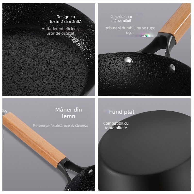 Wok din fier cu textură ciocănită pentru aragaz, antiaderent pentru fripturi