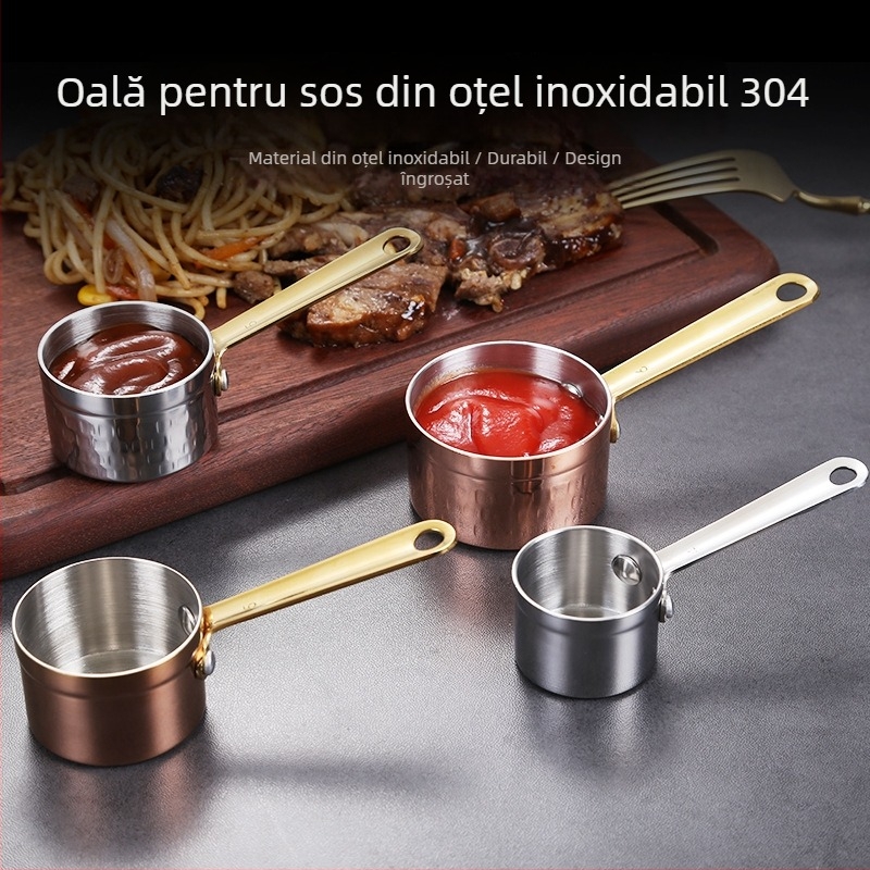 Oală de sos din oțel inoxidabil placat cu aur, îngroșată, cu cupă de sos, trei straturi, mâner unic, stil occidental