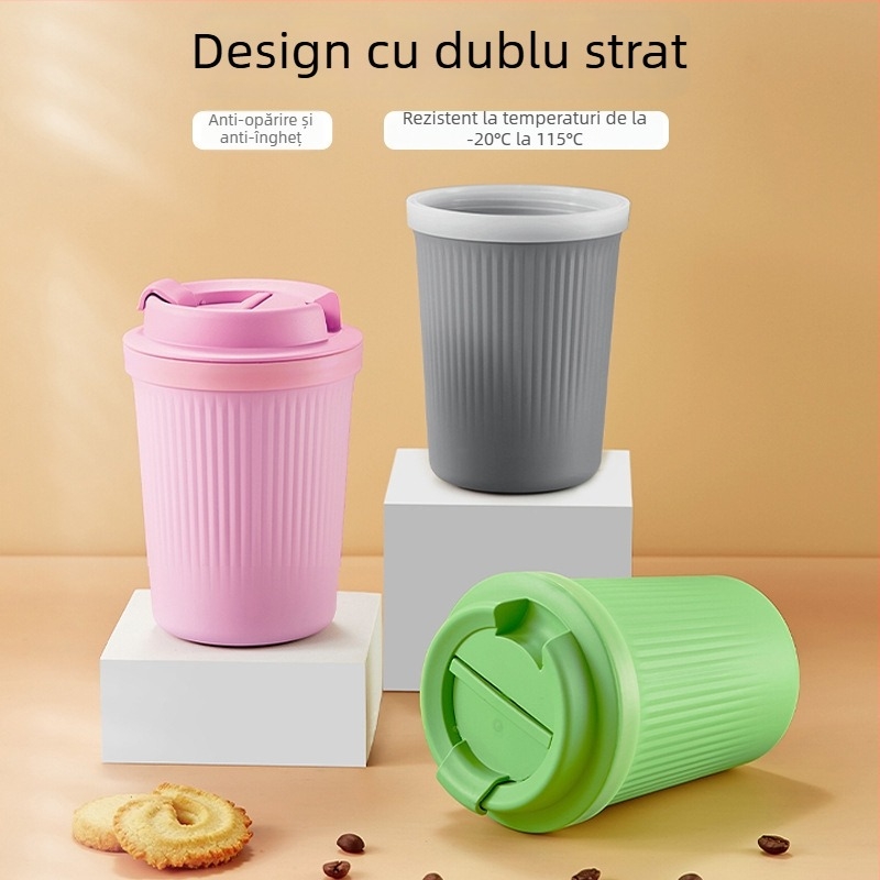 Cană de cafea din plastic izolantă, stil Ins, protecție împotriva arsurilor, senzație premium, portabilă, etanșă la scurgeri