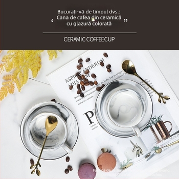 Set mini de cești de cafea și farfurie din porțelan, stil nordic, model marmură, design elegant