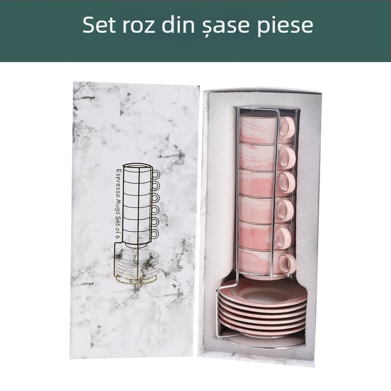 Set mini de cești de cafea și farfurie din porțelan, stil nordic, model marmură, design elegant