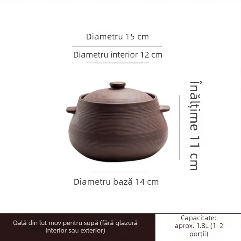 Oală din lut mov, stil tradițional, capacitate mare pentru supe, ideală pentru a fierbe un pui întreg, rezistentă la temperaturi înalte