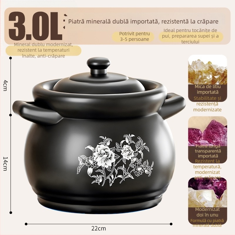 Yiwei MG-1000 Cazerolă din spodumen cu capac, compatibilă cu plita pe gaz, rezistentă la temperaturi înalte, pentru supe și ghiveci, capacitate 2.1–3 L, 3.1–4 L sau peste 5 L