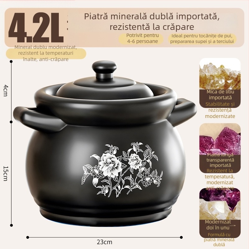 Yiwei MG-1000 Cazerolă din spodumen cu capac, compatibilă cu plita pe gaz, rezistentă la temperaturi înalte, pentru supe și ghiveci, capacitate 2.1–3 L, 3.1–4 L sau peste 5 L