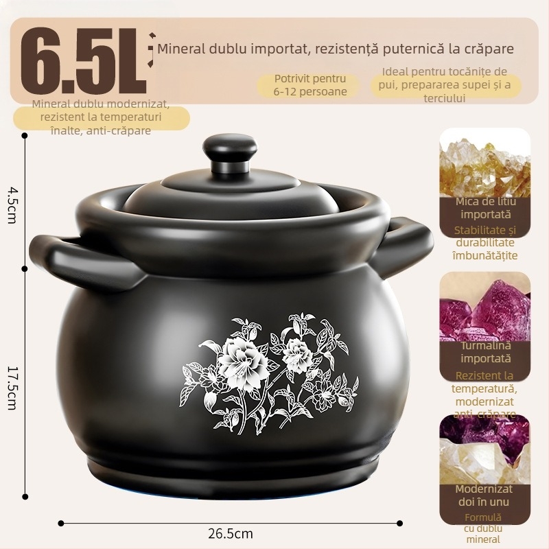 Yiwei MG-1000 Cazerolă din spodumen cu capac, compatibilă cu plita pe gaz, rezistentă la temperaturi înalte, pentru supe și ghiveci, capacitate 2.1–3 L, 3.1–4 L sau peste 5 L