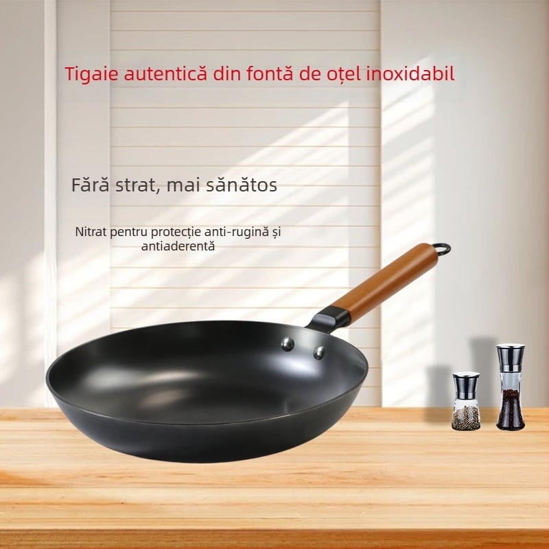 Tigaie din fontă neacoperită, fund plat, stil vechi, pentru ouă și clătite