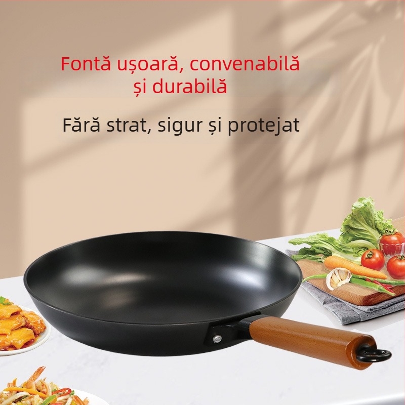 Tigaie din fontă neacoperită, fund plat, stil vechi, pentru ouă și clătite