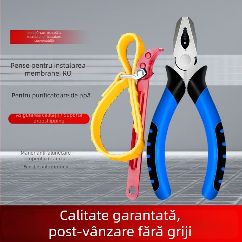 Accesorii pentru purificatorul de apă: clește pentru îndepărtarea filmului, clește multifuncțional pentru dezizolarea cablurilor și tăierea țevilor, cheie cu bandă antiderapantă