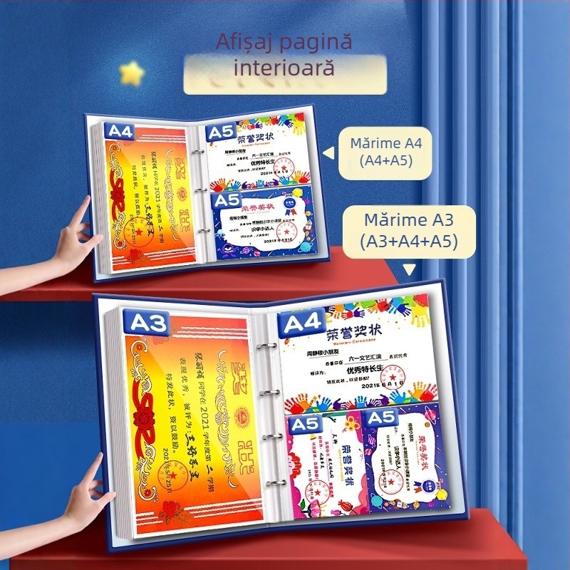 Album A4 pentru certificate pentru copii, cu pagini A3 detașabile pentru certificate, cu posibilitatea de a atârna