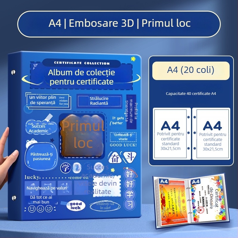 Album A4 pentru certificate pentru copii, cu pagini A3 detașabile pentru certificate, cu posibilitatea de a atârna