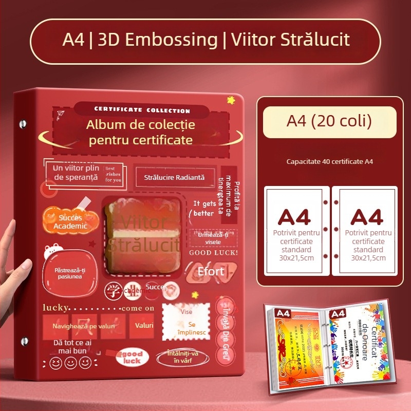 Album A4 pentru certificate pentru copii, cu pagini A3 detașabile pentru certificate, cu posibilitatea de a atârna