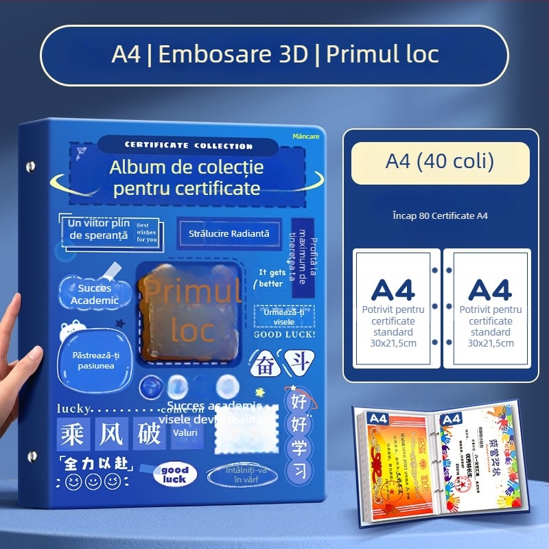 Album A4 pentru certificate pentru copii, cu pagini A3 detașabile pentru certificate, cu posibilitatea de a atârna