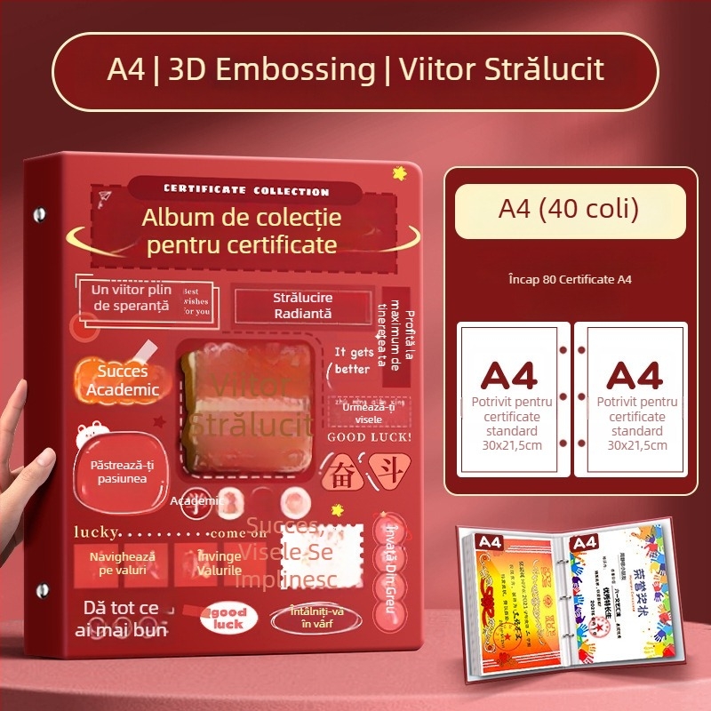 Album A4 pentru certificate pentru copii, cu pagini A3 detașabile pentru certificate, cu posibilitatea de a atârna