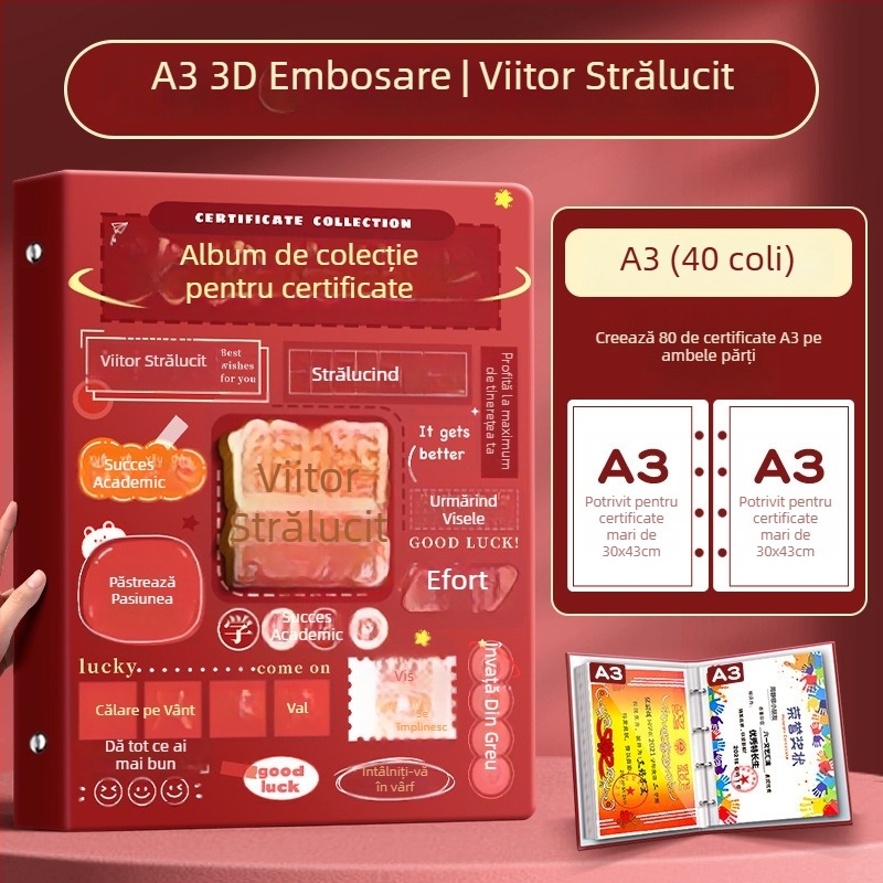Album A4 pentru certificate pentru copii, cu pagini A3 detașabile pentru certificate, cu posibilitatea de a atârna