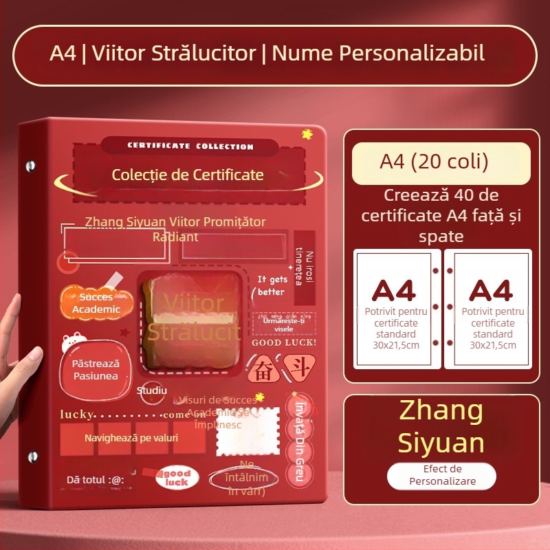 Album A4 pentru certificate pentru copii, cu pagini A3 detașabile pentru certificate, cu posibilitatea de a atârna