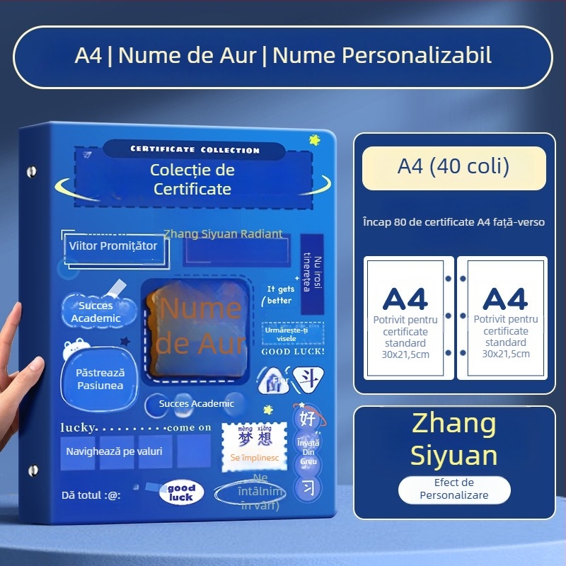 Album A4 pentru certificate pentru copii, cu pagini A3 detașabile pentru certificate, cu posibilitatea de a atârna