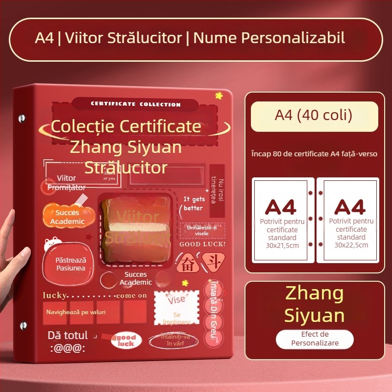Album A4 pentru certificate pentru copii, cu pagini A3 detașabile pentru certificate, cu posibilitatea de a atârna