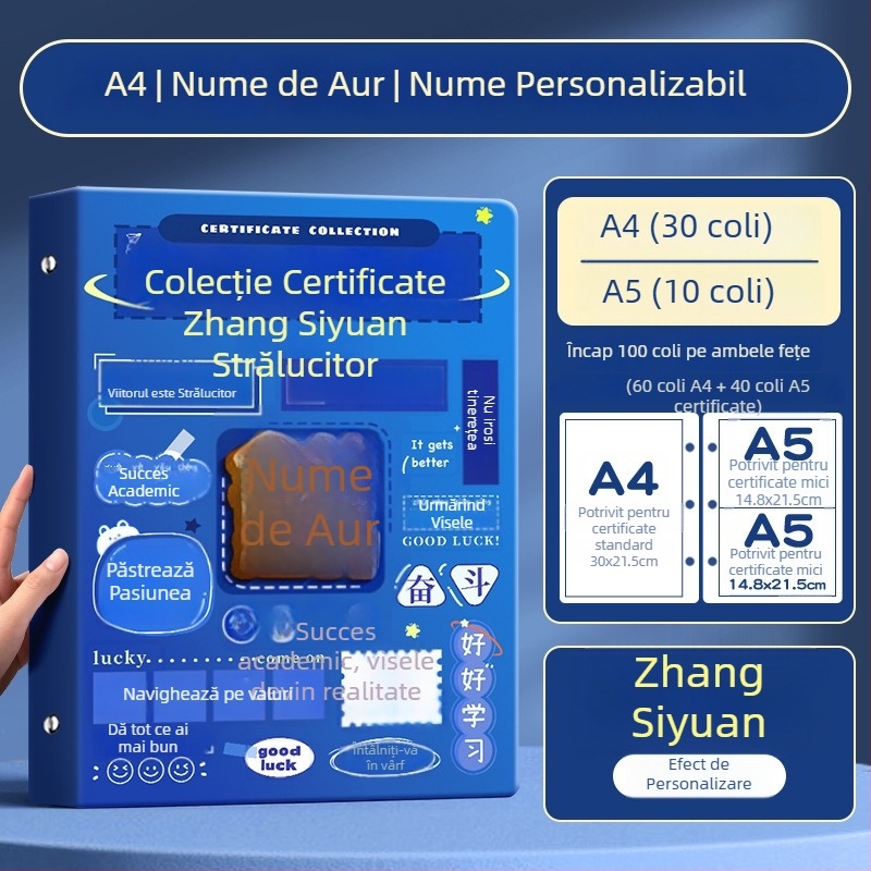 Album A4 pentru certificate pentru copii, cu pagini A3 detașabile pentru certificate, cu posibilitatea de a atârna