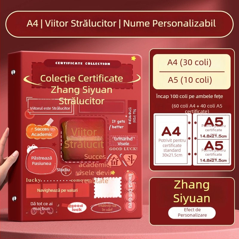 Album A4 pentru certificate pentru copii, cu pagini A3 detașabile pentru certificate, cu posibilitatea de a atârna