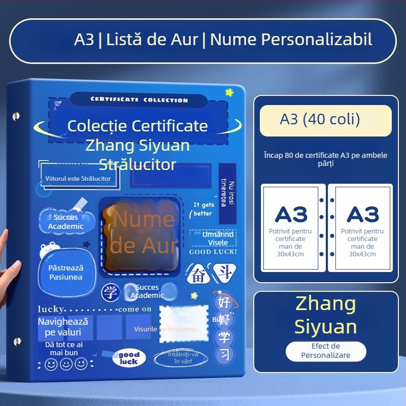 Album A4 pentru certificate pentru copii, cu pagini A3 detașabile pentru certificate, cu posibilitatea de a atârna