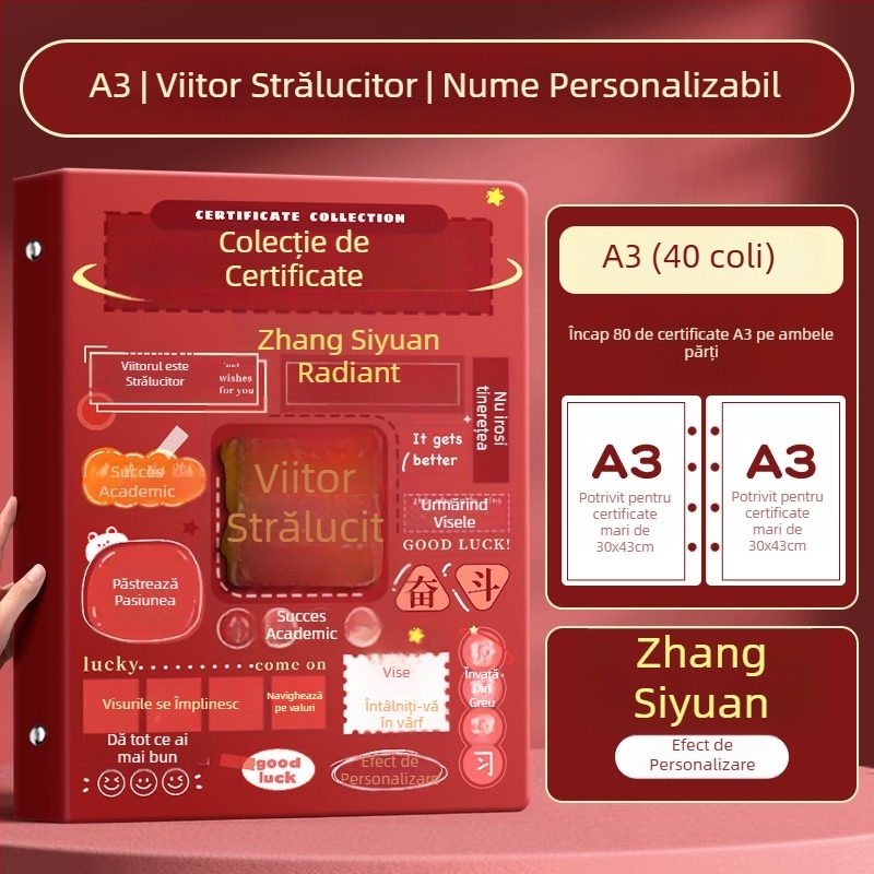 Album A4 pentru certificate pentru copii, cu pagini A3 detașabile pentru certificate, cu posibilitatea de a atârna