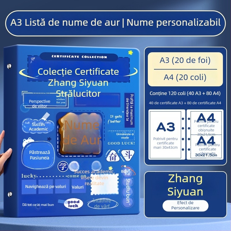 Album A4 pentru certificate pentru copii, cu pagini A3 detașabile pentru certificate, cu posibilitatea de a atârna