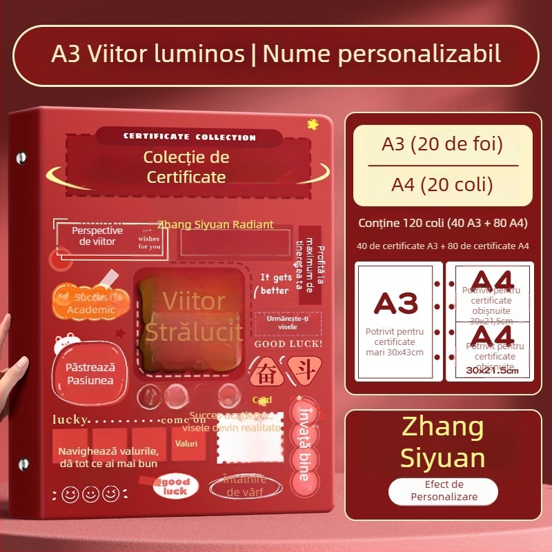Album A4 pentru certificate pentru copii, cu pagini A3 detașabile pentru certificate, cu posibilitatea de a atârna