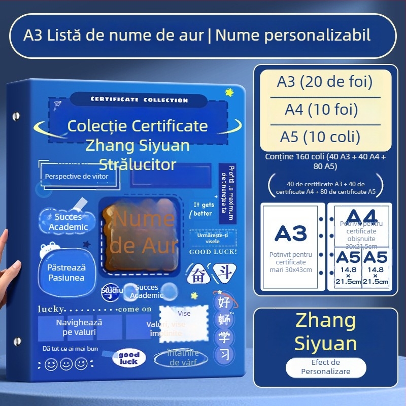 Album A4 pentru certificate pentru copii, cu pagini A3 detașabile pentru certificate, cu posibilitatea de a atârna