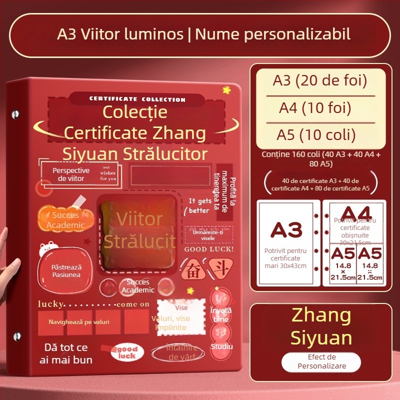 Album A4 pentru certificate pentru copii, cu pagini A3 detașabile pentru certificate, cu posibilitatea de a atârna