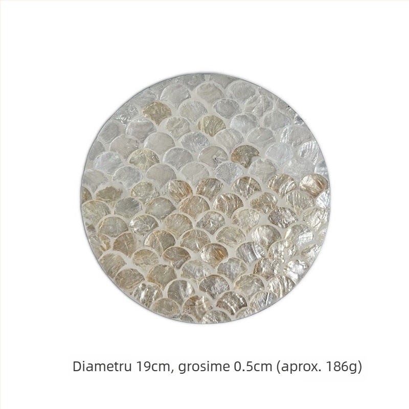 Pad rotund din lemn cu încrustații de scoici pictate, model floral, stil nordic